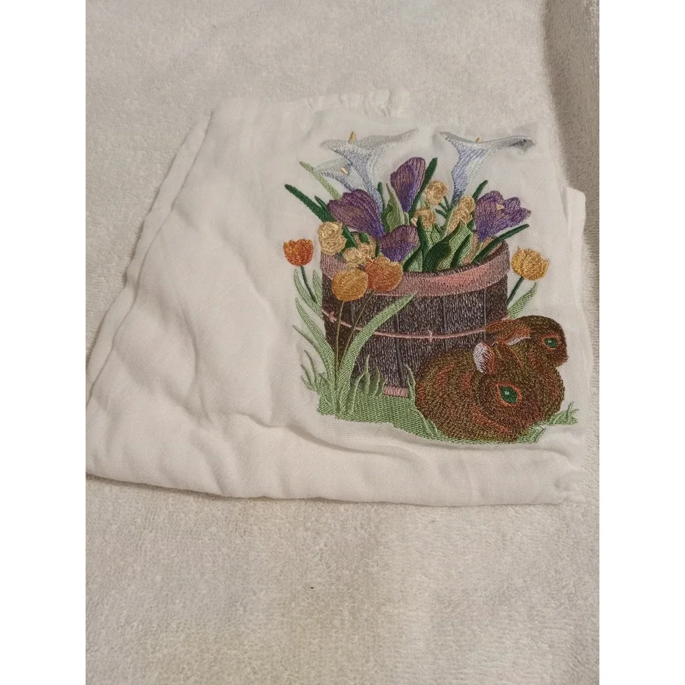Embroidered Easter Spring‎ Kitchen Towel Bunnies Floral Basket Decor